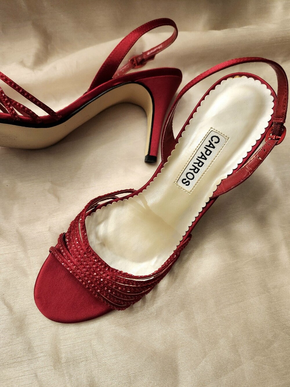 Caparros Pretty Red Satin Sparkle Slingback Evening Sandals/Heels, 7.5B, $30